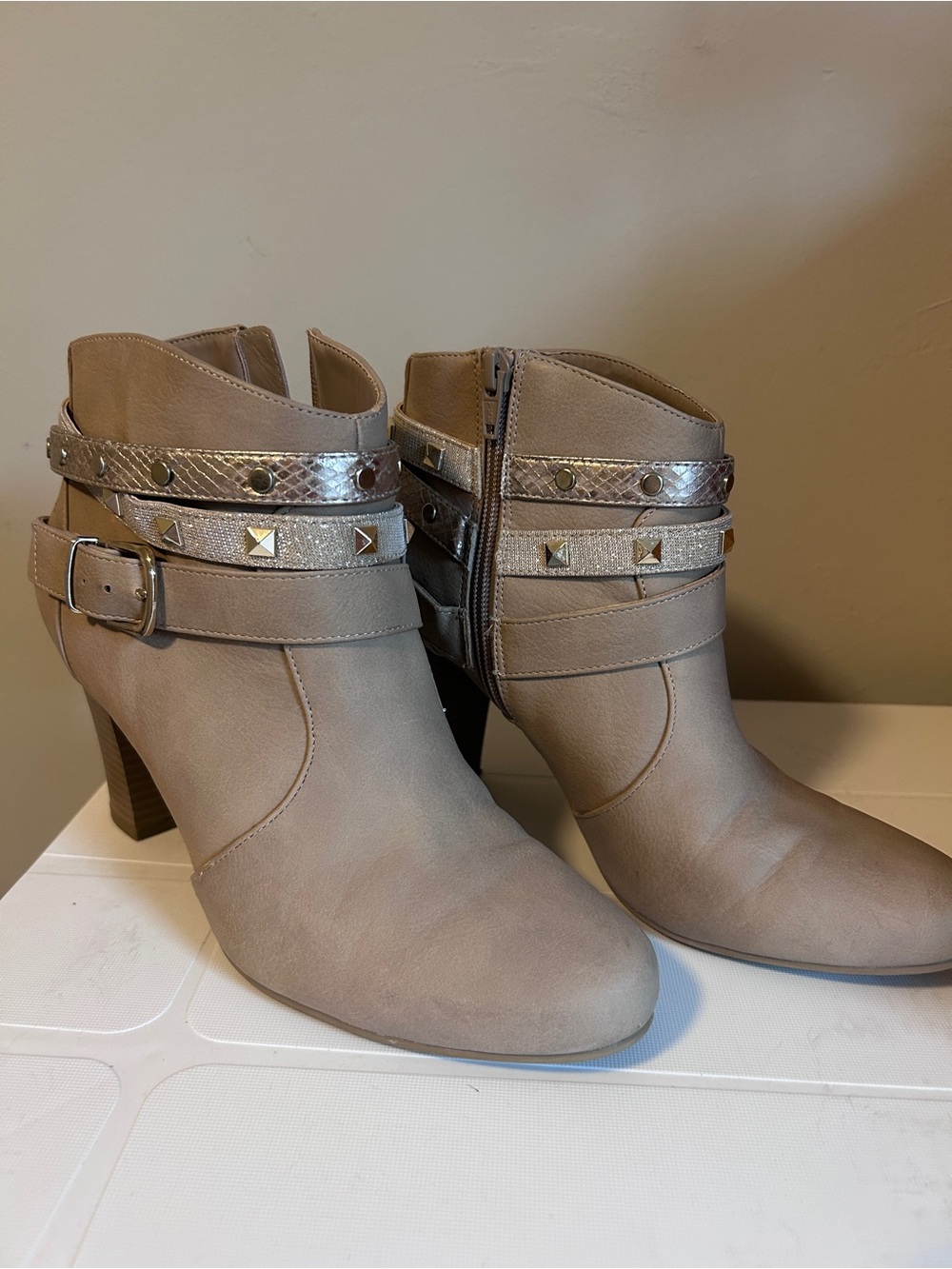 Jennifer Lopez Taupe Ankle Booties with Metallic Studded Straps